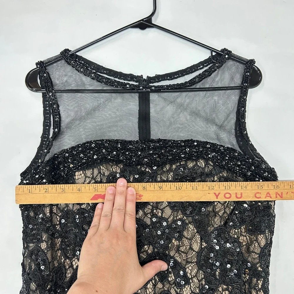 Rina di Montella Black Lace Sequin Cocktail Dress 10 Illusion Mesh Beaded Formal